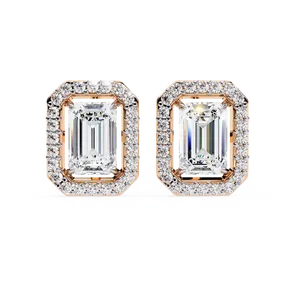 Boucles d'oreilles clous micro-pavées en diamant de laboratoire taille émeraude, or massif 18 carats, bijoux fins pour femme, cadre d'accentuation classique - Product Image 5