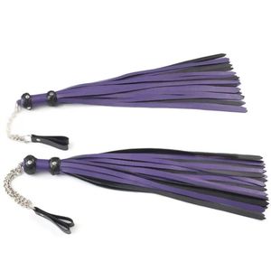 <b>Leather</b> <b>Flogger</b> Purple Black Straps With Chain Handle - Product Image 1