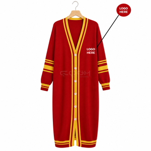 Cardigan en acrylique rouge tricoté à manches longues et col en V, longueur intégrale, avec bordure jaune contrastante, de la sororité Cosh International. - Product Image 5