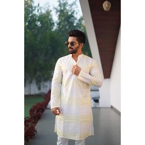 FASHIONABLE COTTON EMBROIDERY PRINTED MEN'S WEAR <strong>KURTA</strong> WITH PAYJAMA <strong>YELLOW</strong> WITH WHITE - Product Image 3