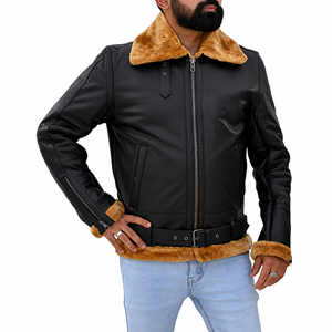 <b>Men's</b> Genuine Leather Aviator <b>Jacket</b> with <b>Shearling</b> Faux Fur Lining Heated Zipper Closure Winter Moto Biker Style Windproof Coat - Product Image 4