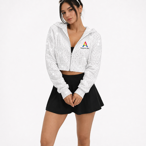 Good Quality <b>Sparkly</b> Crop Zip Up <b>Jacket</b> Custom White Hotfix Print Oversized Women's Regular Sleeve Embellished Hoodies Trendy - Product Image 1