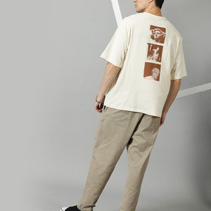 T-shirt en jersey de coton oversize pour homme, couleur crème, col rond, manches courtes, imprimé au dos, style décontracté streetwear - Product Image 4