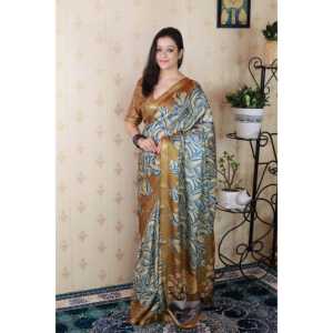 ผ้าคลุมไหลไหมทัสซาร์สีทอง ลายพิมพ์นามธรรม ทอแบบซารี น้ำหนัก 450 กรัม สำหรับงานปาร์ตี้ - Product Image 6