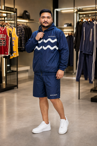 REXFIT SPORTS 2026 Wholesale <b>Men</b>’s Navy Blue Nylon Hooded Windbreaker <b>Jacket</b> and Shorts Set Custom Logo Sportswear - Product Image 2