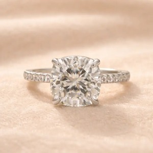 Elegant Design 925 Moissanite <b>Cushion</b> Cut Hidden Halo Engagement <b>Ring</b> in Sterling Silver White Gold Plated <b>Ring</b> for Women's. - Product Image 4