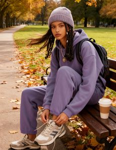Conjunto de dos piezas de sudadera con capucha y cremallera para mujer, de algodón, estilo casual deportivo urbano, abrigo corto de ajuste holgado - Product Image 4