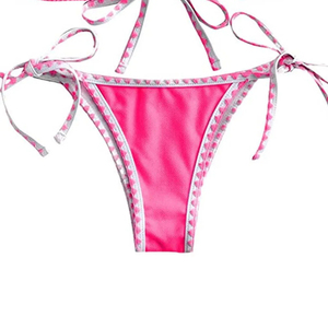 Conjunto de Bikini de Dos Piezas Rosa para Mujer, Top Triangular con Lazos Laterales, Parte Inferior con Ribete en Contraste, Traje de Baño de Spandex y Nailon - Product Image 3
