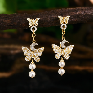18K Gold Plated Butterfly & Moon Drop Earrings with Pearl and Zircon - Product Image 3