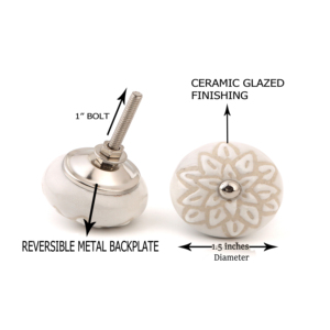 Pomo de Cerámica para Mueble, Redondo de 1.5 Pulgadas, Diseño Floral Tradicional, Acabado Esmaltado, con Placa Trasera Metálica Reversible y Perno de 1 Pulgada - Product Image 1