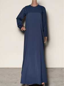 Women's Navy Blue Long Sleeve Floor Length Abaya Modest Dress Solid Color Cotton Loose Fit Daily Wear Middle East Style - Product Image 5
