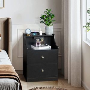 FCH <b>Black</b> Particle Board Nightstand 45*35*63cm Two Drawers with Tapered Matt Gold Handle Triamine 1 Wireless <b>Bedside</b> <b>Table</b> - Product Image 4