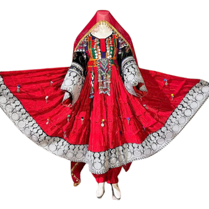 Robes pour femmes bohèmes tribales vintage afghanes Kuchi des années 1960 avec des franges plissées, des boutons brodés, des patchwork, manches longues, coupe ample - Product Image 1