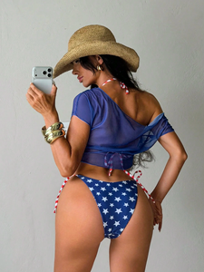 USA Flag Bikini Set Women 3 Piece Mesh Cover Up <b>Top</b> American Patriotic Swimsuit Star Stripe Tie Side Bathing Suit - Product Image 5