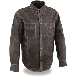 SAMROZ SPORTS Men's '<b>Button</b> Down' Distressed Grey Lightweight Casual Biker Leather Shirt - Product Image 4