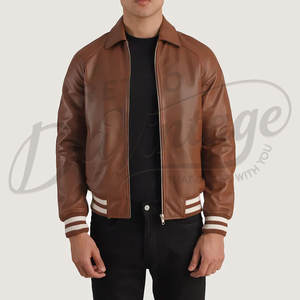 Chaqueta Bomber de Cuero Genuino Marrón para Hombre con Cuello Clásico de Camisa y Puños Acanalados a Rayas, Prenda Deportiva de Cuero Completo de Primera Calidad - Product Image 1