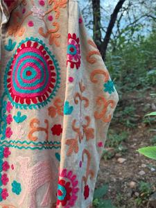 Veste Suzani en velours champagne de luxe brodée avec un motif floral, manches longues, col montant, faite à la main, style bohème, vêtement d'extérieur d'hiver - Product Image 4