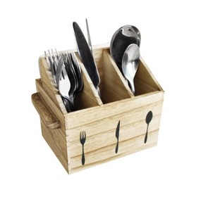 Acacia Wood Flatware <b>Caddy</b> with 3 Compartments Portable Cutlery Organizer Box Rustic <b>Kitchen</b> Utensil Holder with Handle - Product Image 2