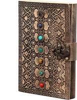 Carnet de notes éco-responsable fait main en cuir véritable gaufré avec pierres médiévales et sept chakras, à feuilles mobiles, pour journal intime ou universitaire