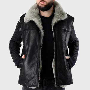 Gilet en peau de mouton sans manches fait main pour homme en noir - Product Image 1