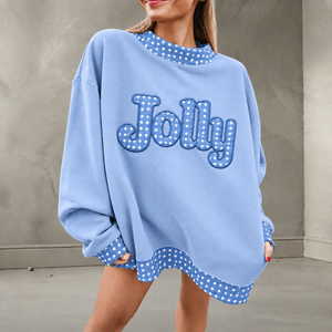Sweat-shirt personnalisé pour femme, coupe oversize, bleu à pois, avec broderie de lettres joyeuses, épaules tombantes, manches longues, coupe ample, col montant - Product Image 1