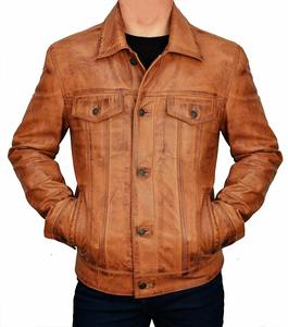 Veste en cuir d'agneau véritable de style vintage pour homme, marron, style trucker classique - Product Image 1