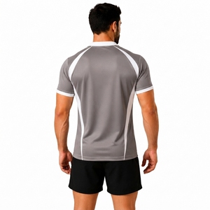 Maillot de rugby gris rayé pour homme, manches courtes, col en V, respirant, ajusté, vêtement de sport toutes saisons - Product Image 2