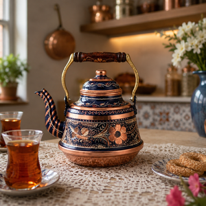 Handmade Turkish Copper <b>Tea</b> Kettle Blue Enamel <b>Tea</b> Pot Pure Copper Wooden Handle Traditional Teapot OEM Wholesale Factory - Product Image 3