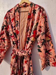 Peach Bird Print Velvet Kimono <b>Robes</b> Handmade Cotton Velvet <b>Robe</b> Morning Tea <b>Coat</b> - Product Image 6