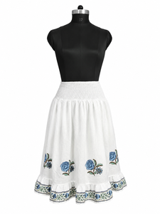 Handblock Print White Cotton <b>Skirt</b> Smocked <b>Elastic</b> Waist Midi <b>Skirt</b> Indian Traditional Floral Butta Ruffled Bottom Frill <b>Skirt</b> w - Product Image 1
