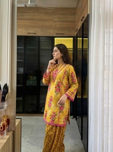 Women's Yellow Floral Printed Cotton Salwar Suit Set Loose Fit Traditional Casual Wear India Pakistan Style All Seasons - Product Image 1