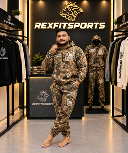ชุดวอร์มลายพรางสำหรับผู้ชาย REXFIT SPORTS พร้อมงานปักแบบดิสเทรส พิมพ์ลายสกรีน เสื้อฮู้ดดี้และกางเกงจ็อกเกอร์แบบสปอร์ต - Product Image 1