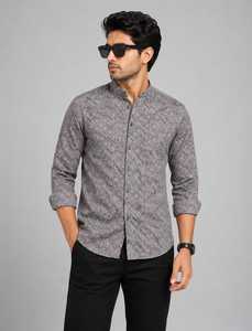 เสื้อเชิ้ตแขนยาวสีเทาสำหรับผู้ชาย ผ้าฝ้าย 100% พิมพ์ลาย ใส่ได้ทุกโอกาส พร้อมปกเสื้อแบบพับได้ - Product Image 4