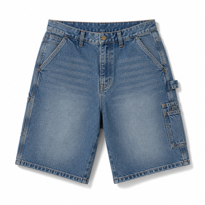 Shorts en jean personnalisés pour hommes, style vintage, coupe droite, délavé clair, avec logo brodé, double épaisseur aux genoux, effet usé, pour l'été - Product Image 5
