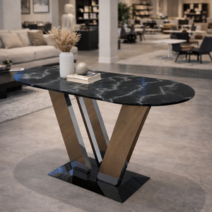 Mesa de Centro Ovalada de Mármol Negro de Lujo con Vetas Brillantes, Base de Metal en Forma de V, Mueble Moderno para Sala de Estar, Pieza Destacada - Product Image 4