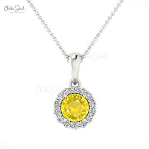 Collier de mariage en or massif 14 carats avec pendentif halo en saphir jaune naturel serti de diamants de 4 mm, fournisseur de bijoux fins en gros, Inde - Product Image 3