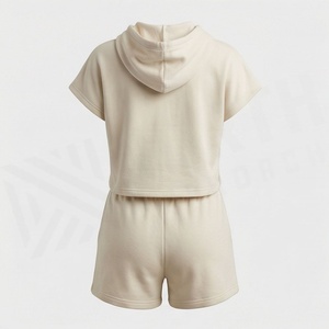 Conjunto de 2 piezas para mujer, top corto con capucha y pantalones cortos, manga corta, estampado geométrico, informal, holgado, por encima de la rodilla, conjunto de algodón tejido - Product Image 2