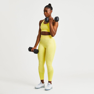 Yellow Yoga Set High Waist <b>Leggings</b> <b>Crop</b> Top 2 Piece Racerback Solid Color Full Length Breathable Spandex Polyester - Product Image 1