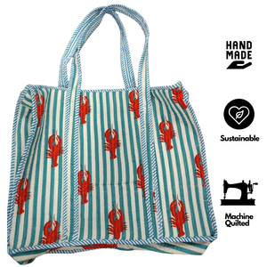 Premium Jaipur Block Print <b>Quilted</b> Cotton Tote Bag With Lobster Print Striped Design 18 X 18 Inches Machine Durable Shopping Bag - Product Image 2