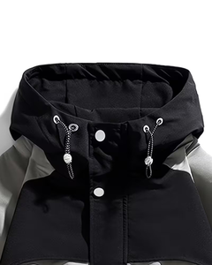 Men's Hooded Stand Canvas <b>Jacket</b> Color Blocking Waterproof Casual Winter Coat Single Button Closure Loose Fit Gray <b>Black</b> Design - Product Image 3