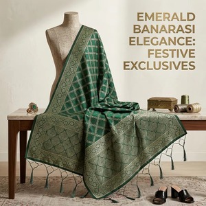Pañuelo chal de seda jacquard Banarasi verde tradicional al por mayor para mujer, regalo de boda étnico, con trabajo Zari dorado hecho a mano, de alta calidad - Product Image 6