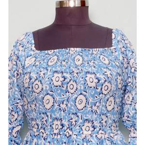 Nuevo Vestido Azul de Verano, Largo, Cuello Cuadrado, Casual, Tejido de Algodón, Mangas Campana, Silueta en A, Estampado Boho, para Fiesta - Product Image 2