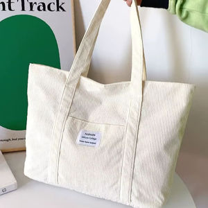 Sac fourre-tout tendance en velours côtelé blanc pour femme, idéal pour le shopping, les courses, l'école, le travail, grande capacité, en tissu de coton, sac à bandoulière - Product Image 1