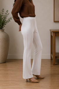 Pantalon Évasé Blanc Élégant Taille Haute en Satin Longueur Cheville pour Femme Coupe Droite Fermeture Éclair Couleur Unie - Product Image 1