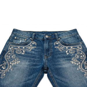 Manufacturer Custom 100% Cotton Double Knee Distressed Vintage Acid Wash Baggy Rhinestone Jorts Denim <b>Jeans</b> Shorts for <b>Men</b> - Product Image 6