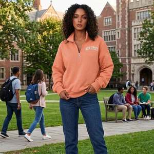 High Quality Women Half Zip Up <b>Mock</b> <b>Neck</b> <b>Top</b> Oversized Cozy Soft Cotton Sweatshirt With Drop Shoulder And Long Sleeves <b>Mock</b> <b>Neck</b> - Product Image 1