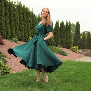 New Arrival Green Cotton Kaftan Formal V-neck Short Sleeve Midi <b>Dress</b> <b>Below</b> <b>the</b> <b>Knee</b> Wedding Guest <b>Dress</b> for Women - Product Image 1