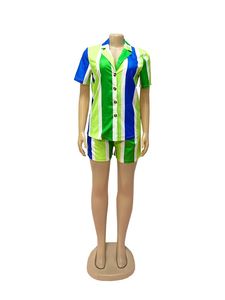 ชุดเสื้อผ้าฤดูร้อนสำหรับผู้หญิง ชุดเสื้อเชิ้ตลายทางพิมพ์ลายลำลอง ชุดเซ็ตสองชิ้นกางเกงขาสั้น - Product Image 3