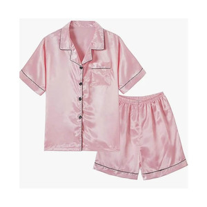 Women's Pink Satin Short Sleeve Pajama <b>Set</b> With Button Front And Pocket Elegant Summer Sleepwear - Product Image 2