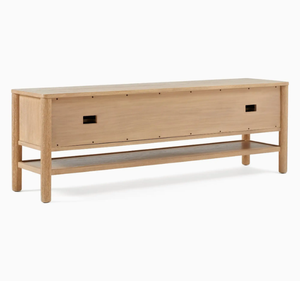 Buffet moderne en teck massif avec porte coulissante et tiroirs centraux, style scandinave minimaliste, rangement en bois - Product Image 3